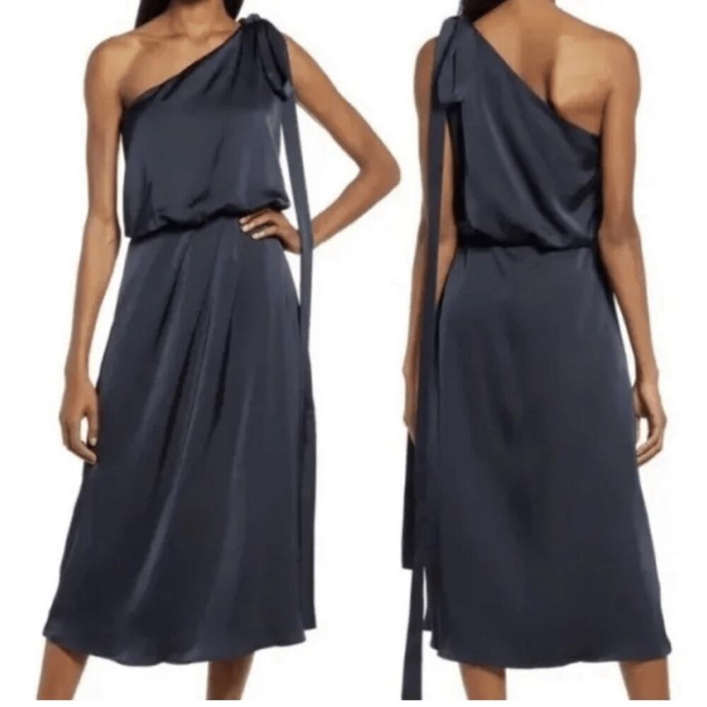 Amylynn One Shoulder Satin Midi Dress with Shoulder Bow in Navy Medium NWT
